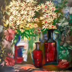 Floral-Botanical Painting with Red Glass Bottles